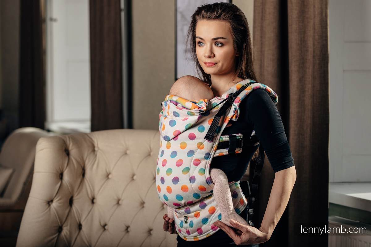 Nosidełko Ergonomiczne z tkaniny żakardowej 100% bawełna , Baby Size, POLKA DOTS TĘCZOWE - Druga Generacja #babywearing