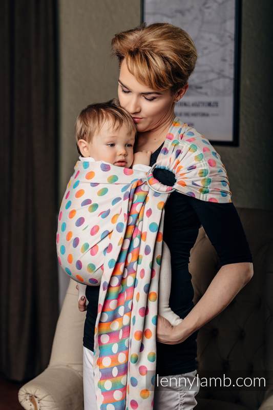 Żakardowa chusta kółkowa do noszenia dzieci, bawełna, ramię bez zakładek - POLKA DOTS TĘCZOWE   - long 2.1m #babywearing