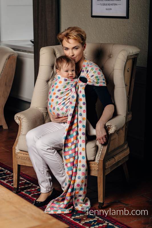 Żakardowa chusta kółkowa do noszenia dzieci, bawełna, ramię bez zakładek - POLKA DOTS TĘCZOWE   - long 2.1m #babywearing