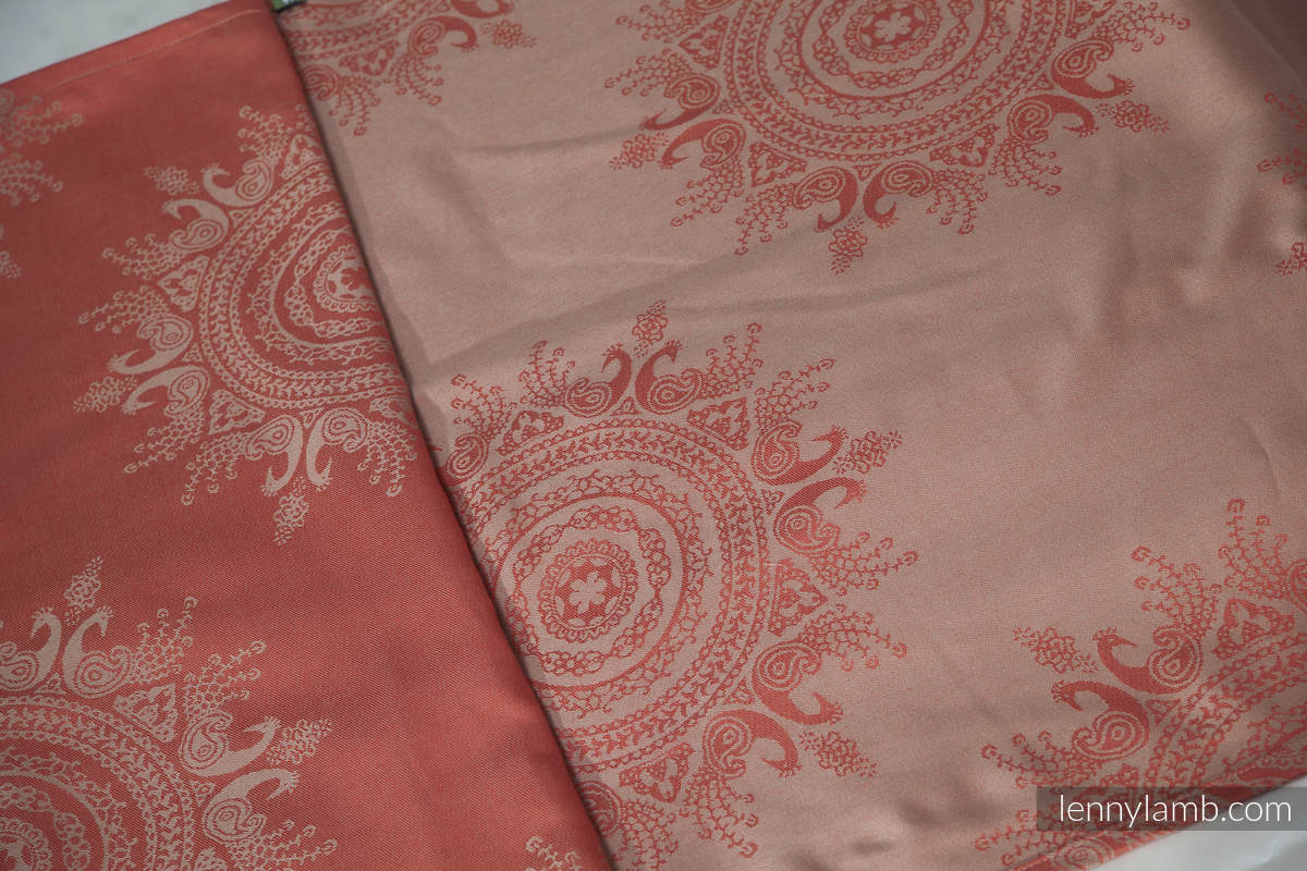 Baby Wrap, Jacquard Weave (60% cotton, 40% bamboo) - Indian Peacock - Coral&Coffee - size XS #babywearing