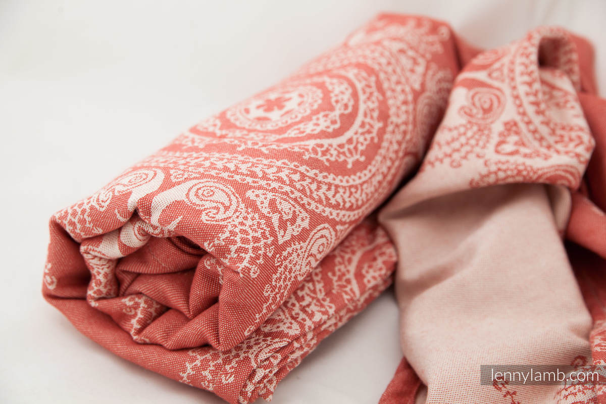 Baby Wrap, Jacquard Weave (60% cotton, 40% bamboo) - Indian Peacock - Coral&White - size XS #babywearing