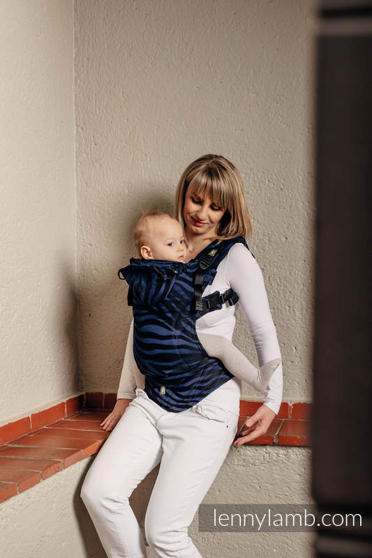 Ergonomic Carrier, Toddler Size, jacquard weave 100% cotton - ZEBRA BLACK & NAVY BLUE  - Second Generation (grade B) #babywearing