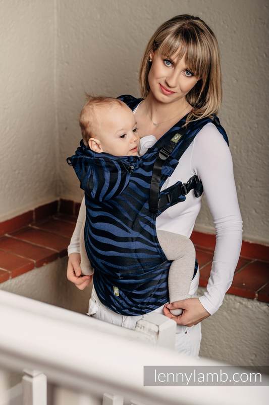 Ergonomic Carrier, Baby Size, jacquard weave 100% cotton - wrap conversion ZEBRA BLACK & NAVY BLUE - Second Generation #babywearing