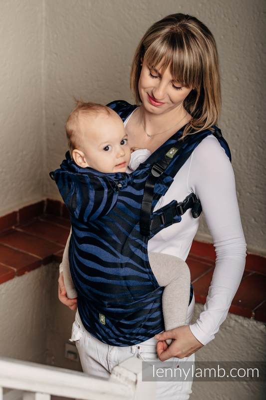 Ergonomic Carrier, Toddler Size, jacquard weave 100% cotton - ZEBRA BLACK & NAVY BLUE  - Second Generation #babywearing