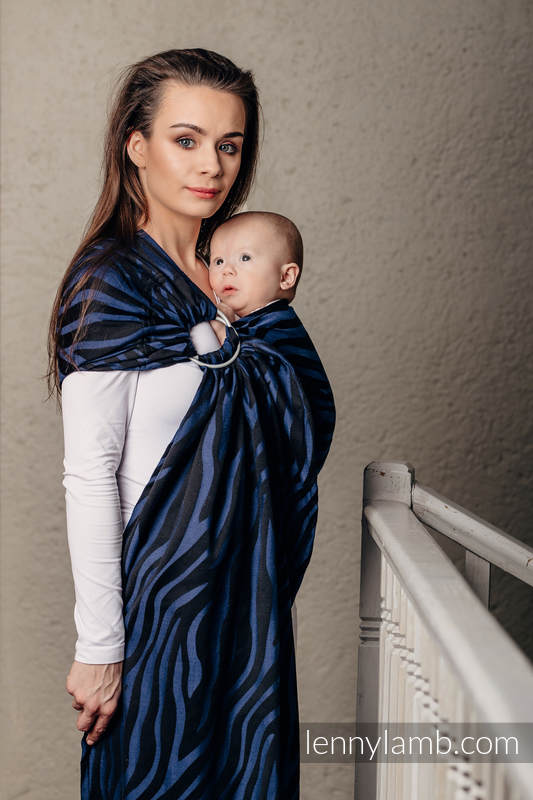 Żakardowa chusta kółkowa do noszenia dzieci, bawełna, ramię bez zakładek - ZEBRA CZARNY Z GRANATEM - long 2.1m #babywearing