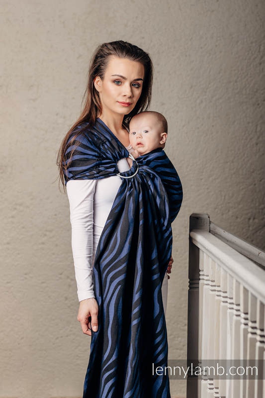 Żakardowa chusta kółkowa do noszenia dzieci, bawełna, ramię bez zakładek - ZEBRA CZARNY Z GRANATEM - long 2.1m #babywearing