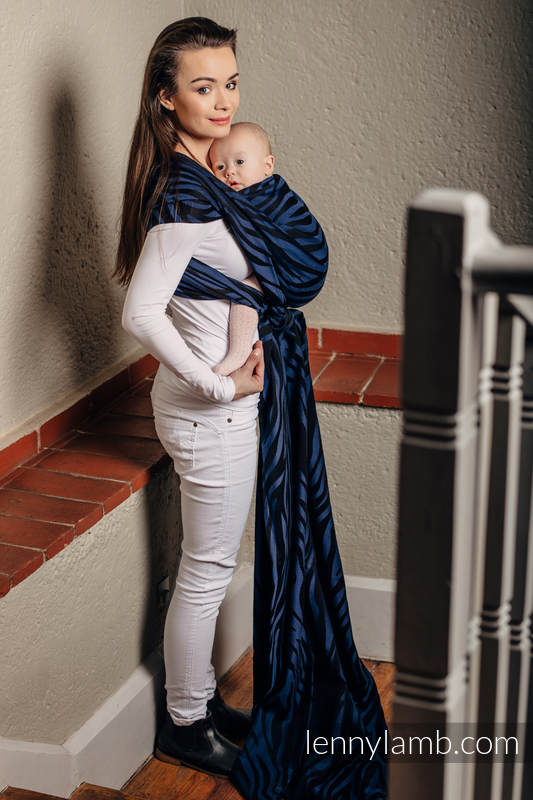Żakardowa chusta do noszenia dzieci, bawełna - ZEBRA CZARNY Z GRANATEM  - rozmiar L (drugi gatunek) #babywearing