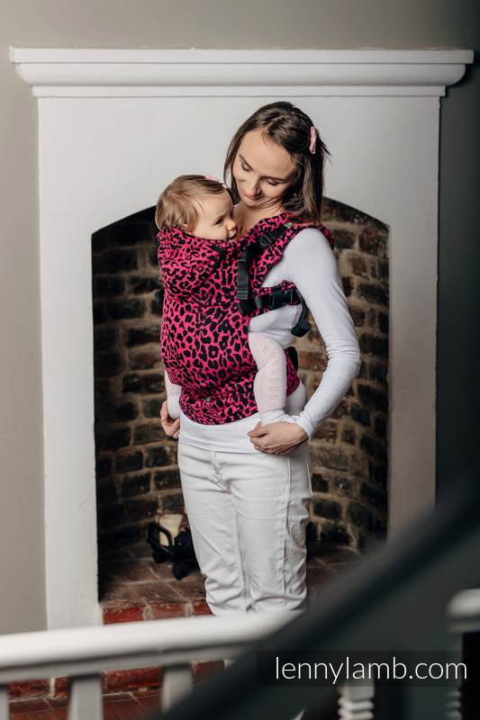Ergonomic Carrier, Baby Size, jacquard weave 100% cotton - CHEETAH BLACK & PINK - Second Generation #babywearing