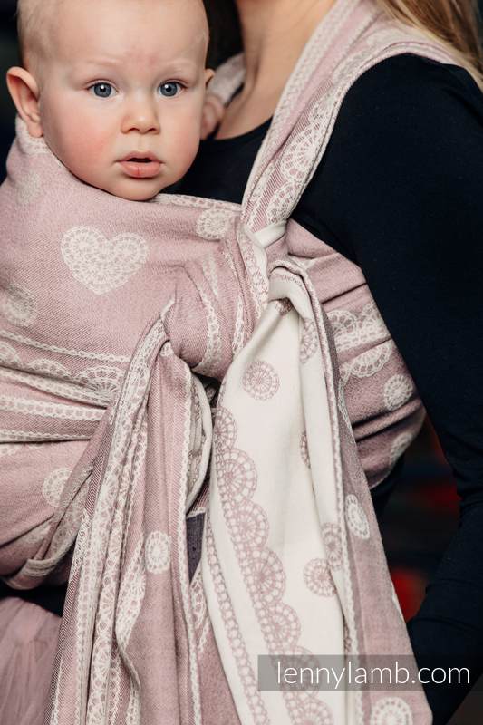 Żakardowa chusta do noszenia dzieci, 60% Bawełna 28% Len 12% Jedwab Tussah - PUDROWA KORONKA  - rozmiar XL #babywearing