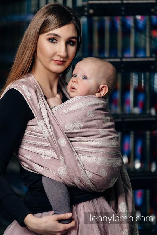 Żakardowa chusta do noszenia dzieci, 60% Bawełna 28% Len 12% Jedwab Tussah - PUDROWA KORONKA  - rozmiar XS (drugi gatunek) #babywearing