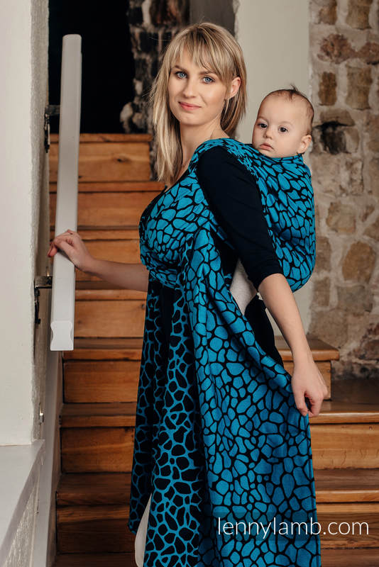 Żakardowa chusta do noszenia dzieci, bawełna - ŻYRAFA CZARNY Z TURKUSEM  - rozmiar XS #babywearing