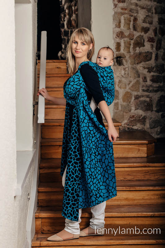 Żakardowa chusta do noszenia dzieci, bawełna - ŻYRAFA CZARNY Z TURKUSEM  - rozmiar L #babywearing