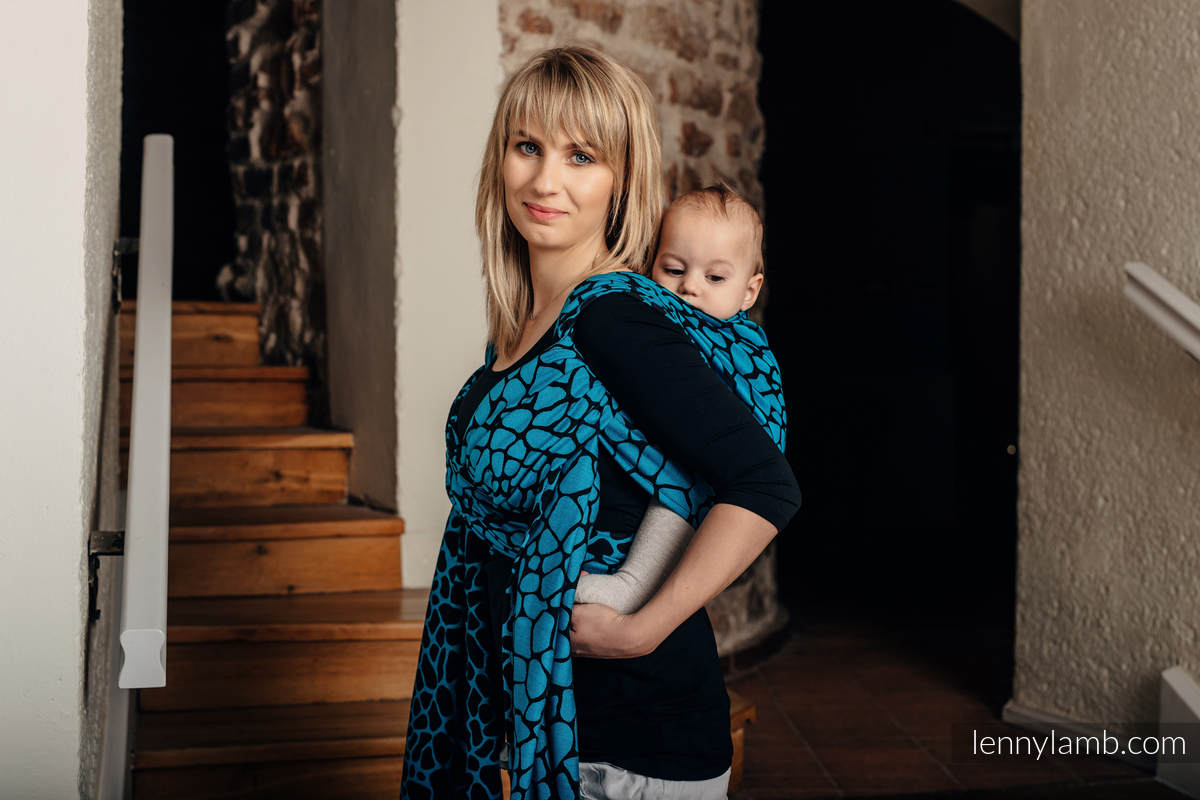 Żakardowa chusta do noszenia dzieci, bawełna - ŻYRAFA CZARNY Z TURKUSEM  - rozmiar XS #babywearing