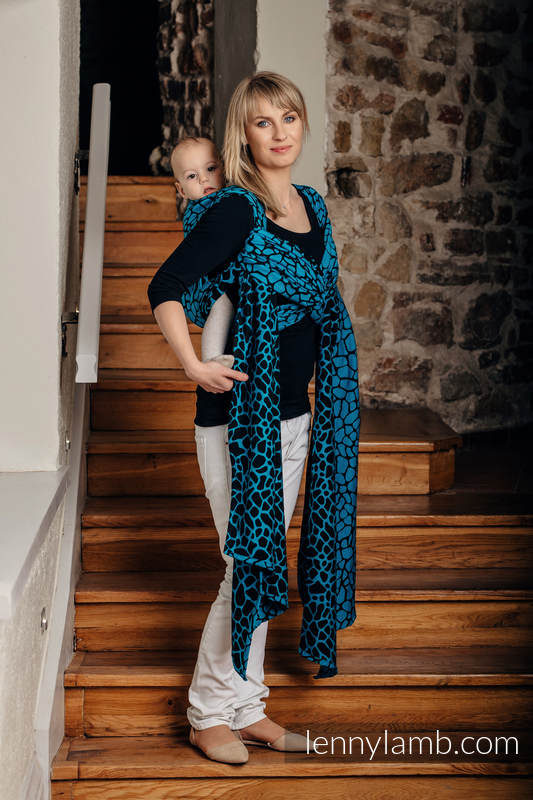 Żakardowa chusta do noszenia dzieci, bawełna - ŻYRAFA CZARNY Z TURKUSEM  - rozmiar L #babywearing