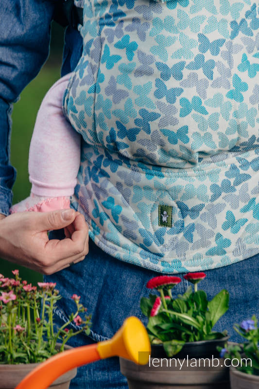 Ergonomic Carrier, Baby Size, jacquard weave 100% cotton - BUTTERFLY WINGS BLUE - Second Generation #babywearing