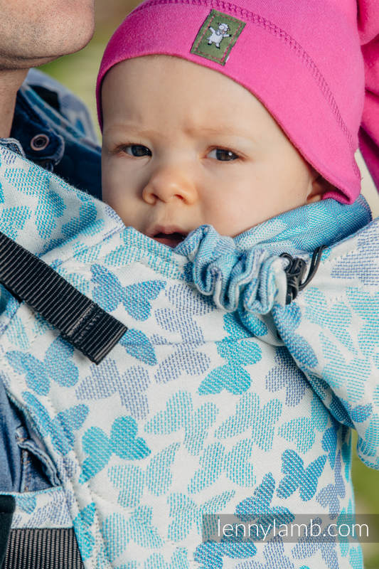 Nosidełko Ergonomiczne z tkaniny żakardowej 100% bawełna , Baby Size, SKRZYDŁA MOTYLA - NIEBIESKI - Druga Generacja #babywearing