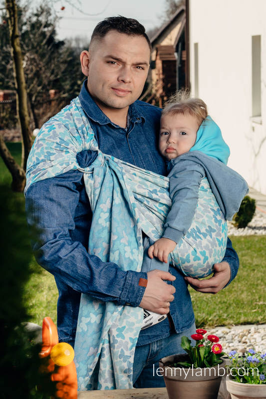 Żakardowa chusta kółkowa do noszenia dzieci, bawełna, ramię bez zakładek - SKRZYDŁA MOTYLA - NIEBIESKI  - long 2.1m #babywearing