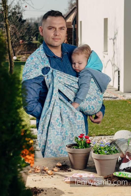 Żakardowa chusta kółkowa do noszenia dzieci, bawełna, ramię bez zakładek - SKRZYDŁA MOTYLA - NIEBIESKI - long 2.1m (drugi gatunek) #babywearing