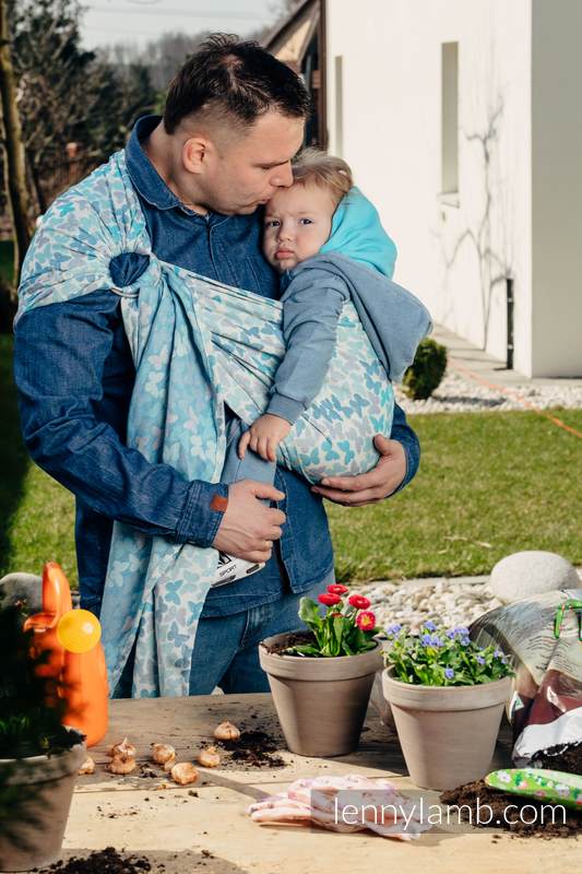 RingSling, Jacquardwebung (100% Baumwolle), Raffung an den Ringen - BUTTERFLY WINGS BLAU  - long 2.1m #babywearing