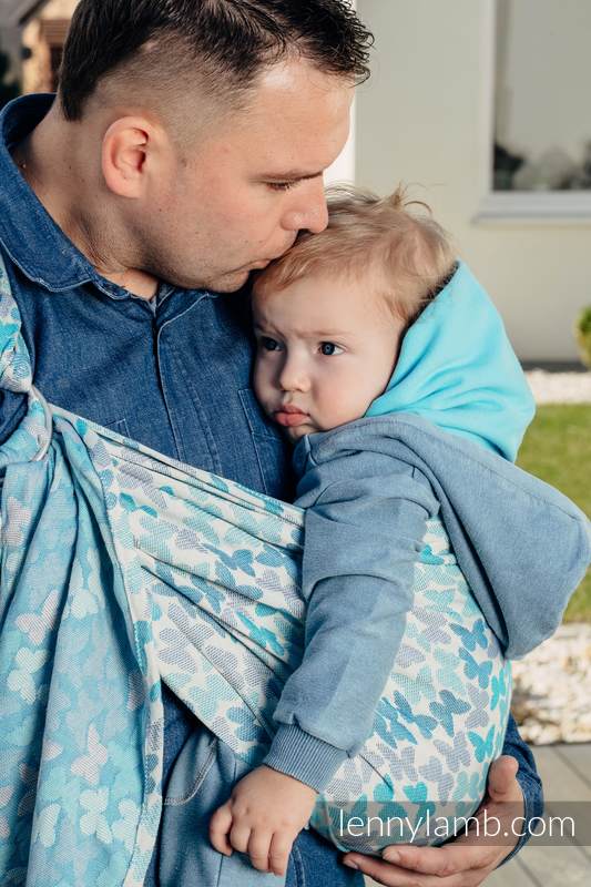 Żakardowa chusta kółkowa do noszenia dzieci, bawełna, ramię bez zakładek - SKRZYDŁA MOTYLA - NIEBIESKI  - long 2.1m #babywearing