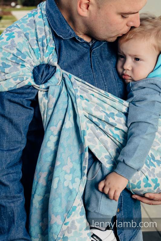 Ringsling, Jacquard Weave (100% cotton) - with gathered shoulder - BUTTERFLY WINGS BLUE - long 2.1m (grade B) #babywearing