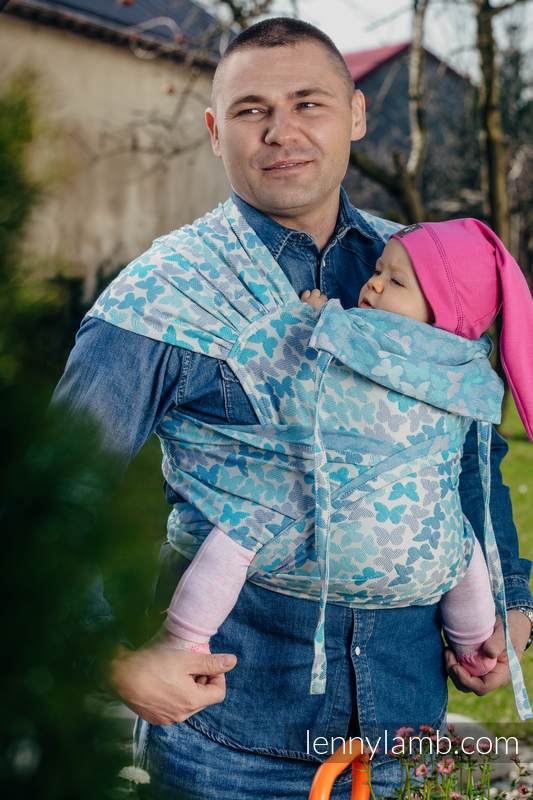 Nosidełko dla dzieci WRAP-TAI MINI, bawełna, splot żakardowy, z kapturkiem, SKRZYDŁA MOTYLA - NIEBIESKI  #babywearing