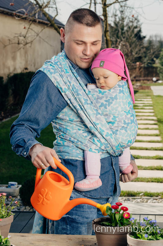 Żakardowa chusta do noszenia dzieci, bawełna - SKRZYDŁA MOTYLA - NIEBIESKI  - rozmiar L #babywearing