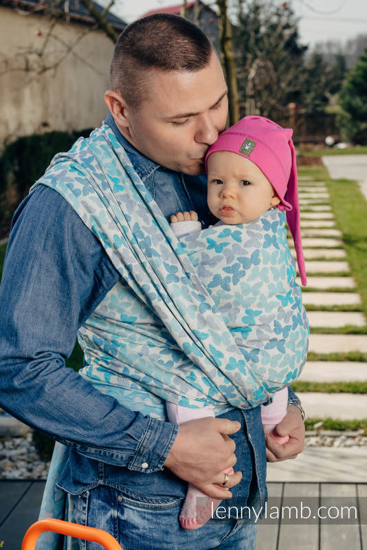 Żakardowa chusta do noszenia dzieci, bawełna - SKRZYDŁA MOTYLA - NIEBIESKI  - rozmiar S #babywearing