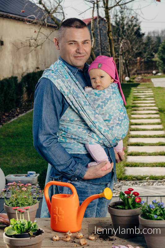 Żakardowa chusta do noszenia dzieci, bawełna - SKRZYDŁA MOTYLA - NIEBIESKI  - rozmiar S #babywearing