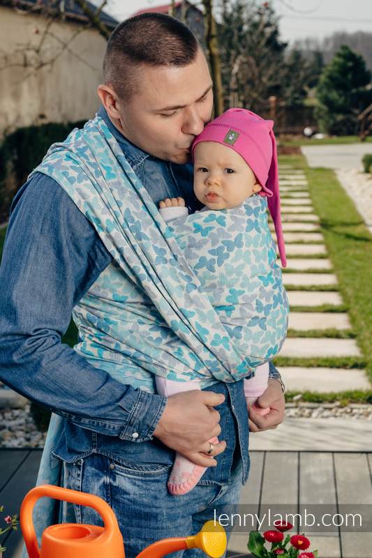 Żakardowa chusta do noszenia dzieci, bawełna - SKRZYDŁA MOTYLA - NIEBIESKI  - rozmiar XS (drugi gatunek) #babywearing