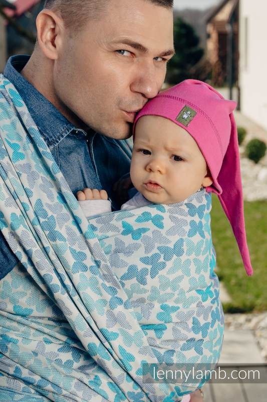 Żakardowa chusta do noszenia dzieci, bawełna - SKRZYDŁA MOTYLA - NIEBIESKI  - rozmiar XS #babywearing
