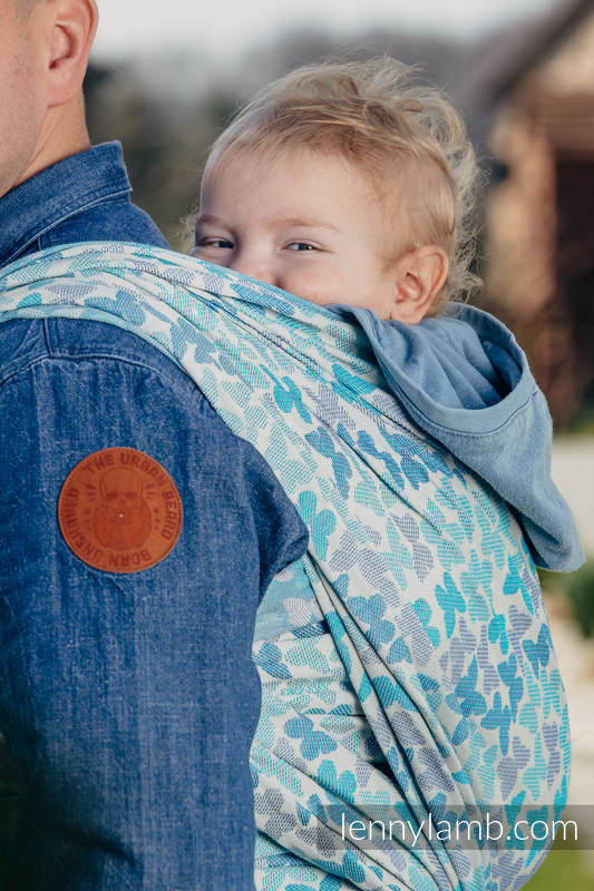 Fular, tejido jacquard (100% algodón) - BUTTERFLY WINGS BLUE - talla S #babywearing