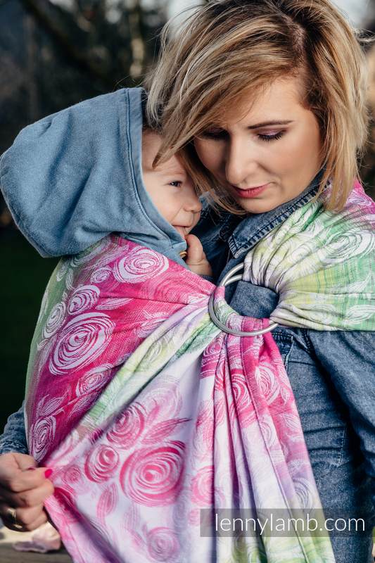 Żakardowa chusta kółkowa do noszenia dzieci, bawełna, ramię bez zakładek - KWIAT RÓŻY - long 2.1m (drugi gatunek) #babywearing