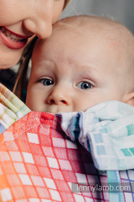 Nosidełko dla dzieci WRAP-TAI MINI, bawełna, splot żakardowy, z kapturkiem, MOZAIKA - TĘCZA  #babywearing