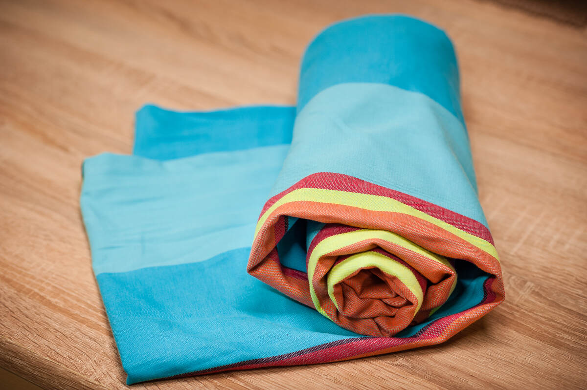 Chusta do noszenia dzieci, tkana splotem skośno-krzyżowym, bawełna z bambusem - Korfu - rozmiar M #babywearing