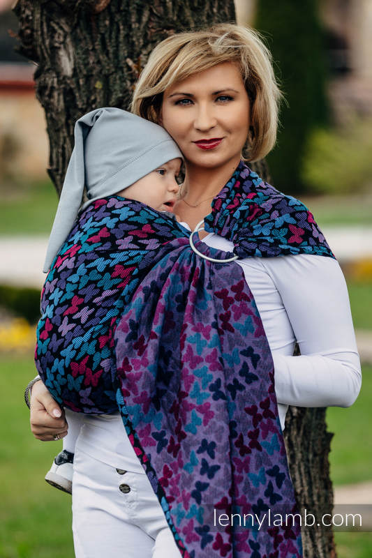 Sling, jacquard (100% coton) - avec épaule sans plis - BUTTERFLY WINGS BLEU  - long 2.1m #babywearing