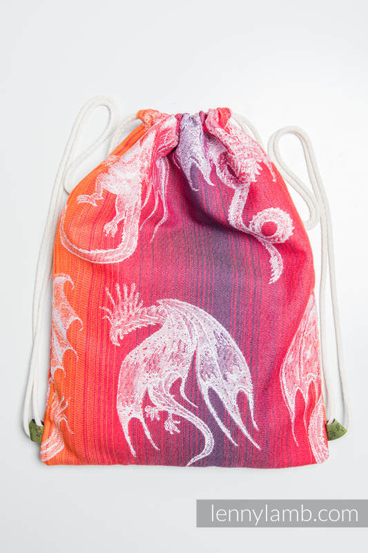 Mochila portaobjetos hecha de tejido de fular (100% algodón) - DRAGON NARANJA & ROJO - talla estándar 32cmx43cm #babywearing