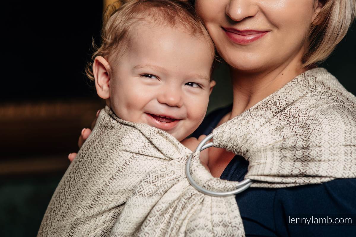 Żakardowa chusta kółkowa do noszenia dzieci, bawełna, ramię bez zakładek - LITTLE LOVE - TIRAMISU  - long 2.1m #babywearing