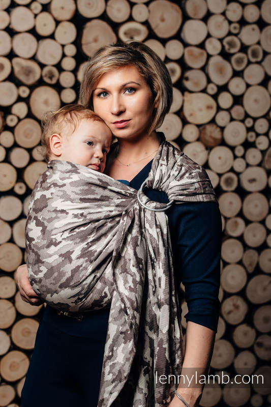 Żakardowa chusta kółkowa do noszenia dzieci, bawełna, ramię bez zakładek - BEŻOWE MORO - long 2.1m (drugi gatunek) #babywearing