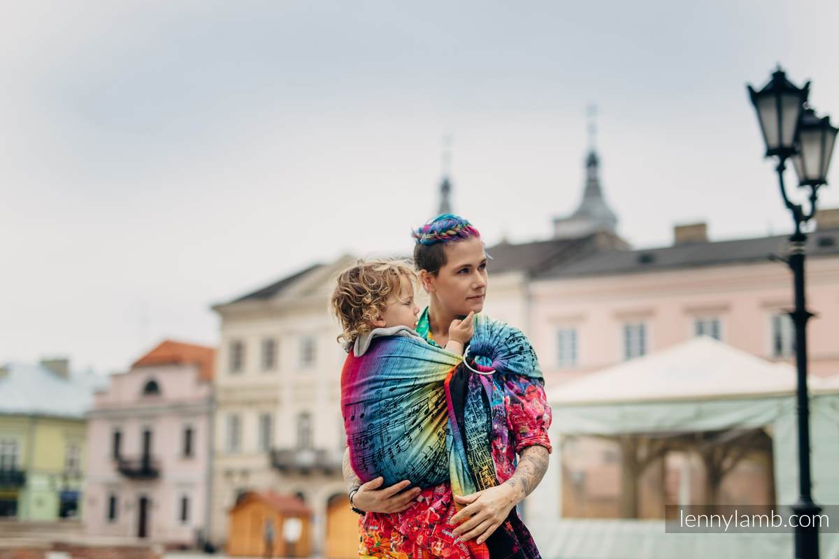 Żakardowa chusta kółkowa do noszenia dzieci, bawełna, ramię bez zakładek - SYMFONIA TĘCZOWA DARK - long 2.1m #babywearing