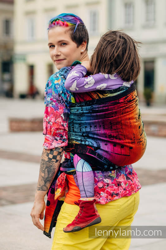 Żakardowa chusta do noszenia dzieci, bawełna - SYMFONIA TĘCZOWA DARK- rozmiar XS #babywearing