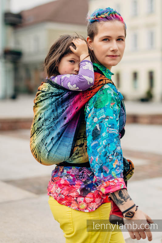 Żakardowa chusta do noszenia dzieci, bawełna - SYMFONIA TĘCZOWA DARK - rozmiar XL #babywearing