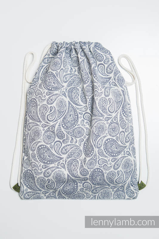 Mochila portaobjetos hecha de tejido de fular (100% algodón) - PAISLEY AZUL MARINO & CREMA - talla estándar 32cmx43cm #babywearing