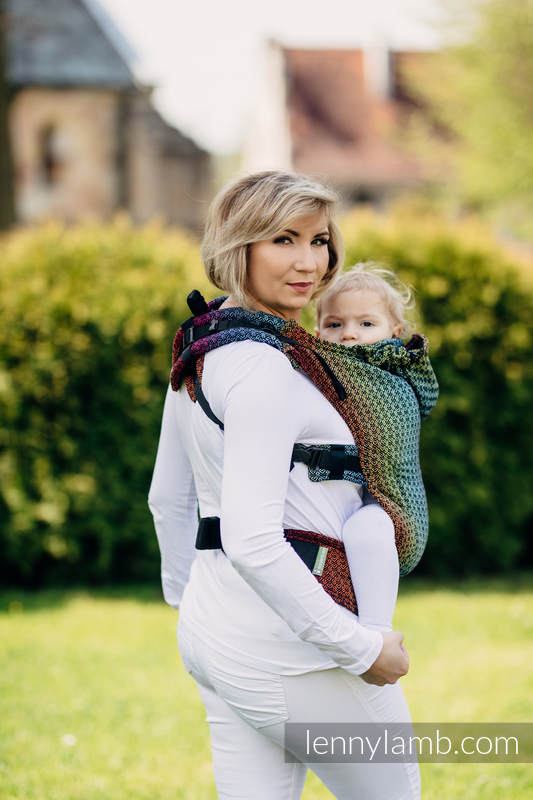 Ergonomic Carrier, Baby Size, jacquard weave 100% cotton - LITTLE LOVE RAINBOW DARK, Second Generation #babywearing