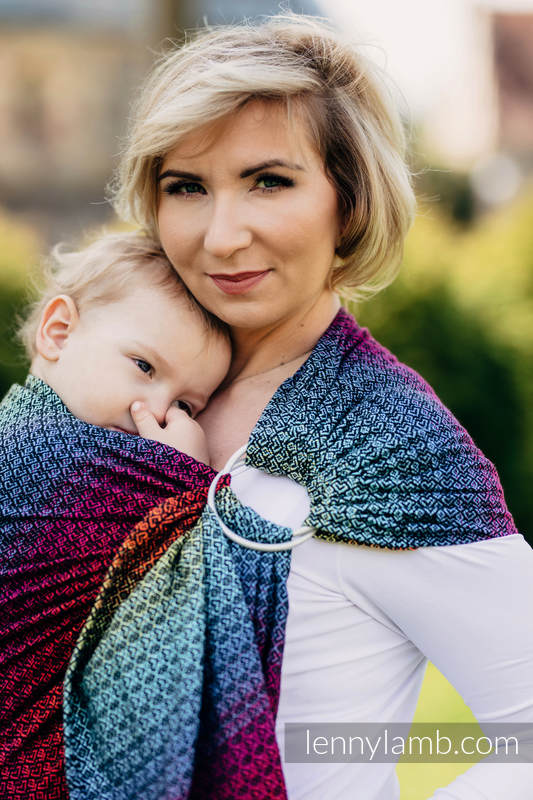 Żakardowa chusta kółkowa do noszenia dzieci, bawełna, ramię bez zakładek - LITTLE LOVE - TĘCZA DARK - long 2.1m #babywearing