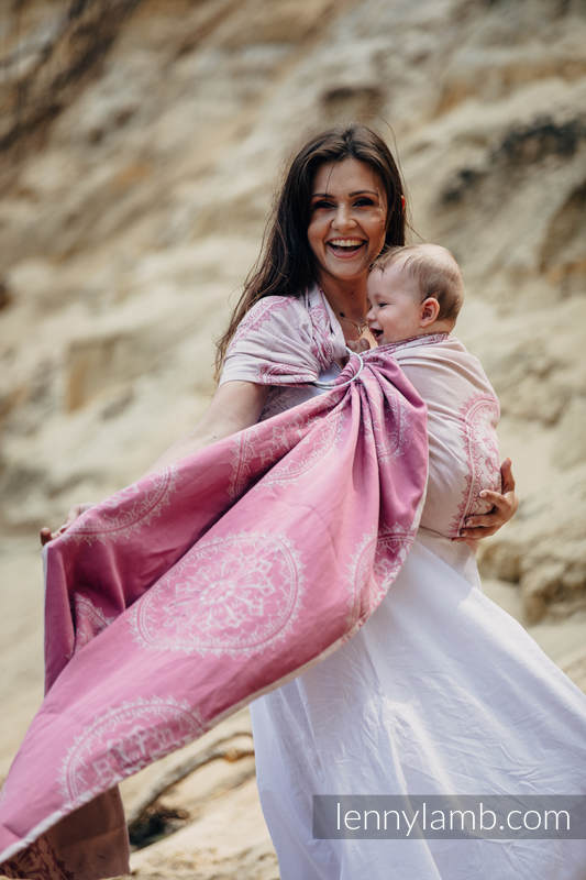 Żakardowa chusta kółkowa do noszenia dzieci, bawełna - PIASKOWE MUSZELKI - ramię bez zakładek - long 2.1m #babywearing
