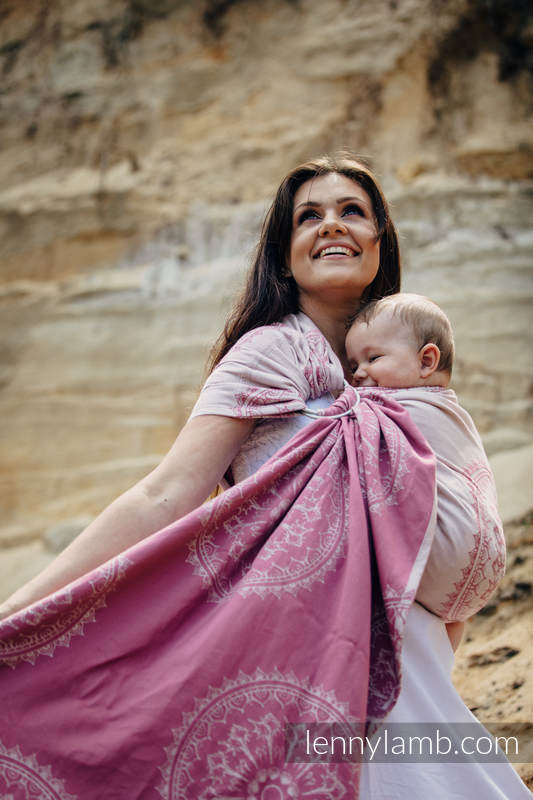 Żakardowa chusta kółkowa do noszenia dzieci, bawełna - PIASKOWE MUSZELKI - ramię bez zakładek - long 2.1m #babywearing