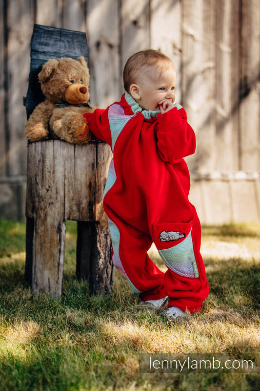 Pajacyk misiowy - rozmiar 86 - czerwony z Małą Jodełką Impresją #babywearing