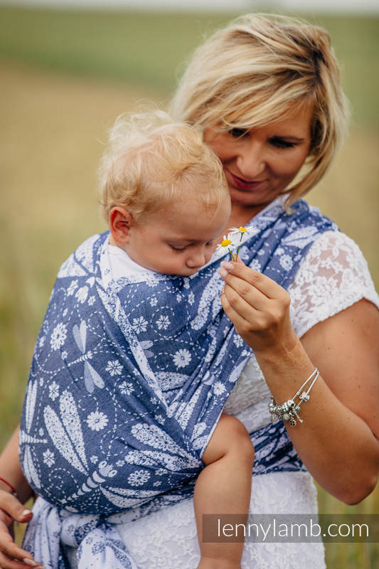 Baby Wrap, Jacquard Weave (60% cotton, 40% bamboo) - DRAGONFLY WHITE & NAVY BLUE - size S #babywearing
