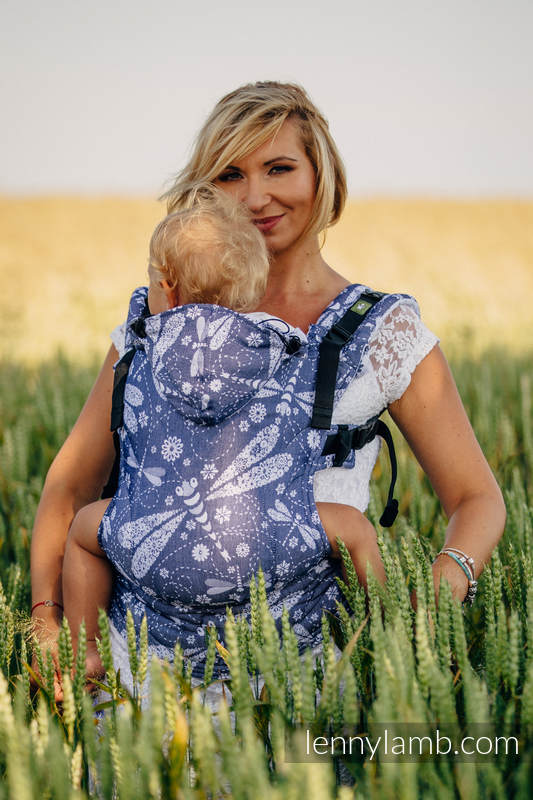 Ergonomic Carrier, Baby Size, jacquard weave 60% cotton, 40% bamboo - DRAGONFLY WHITE & NAVY BLUE, Second Generation #babywearing